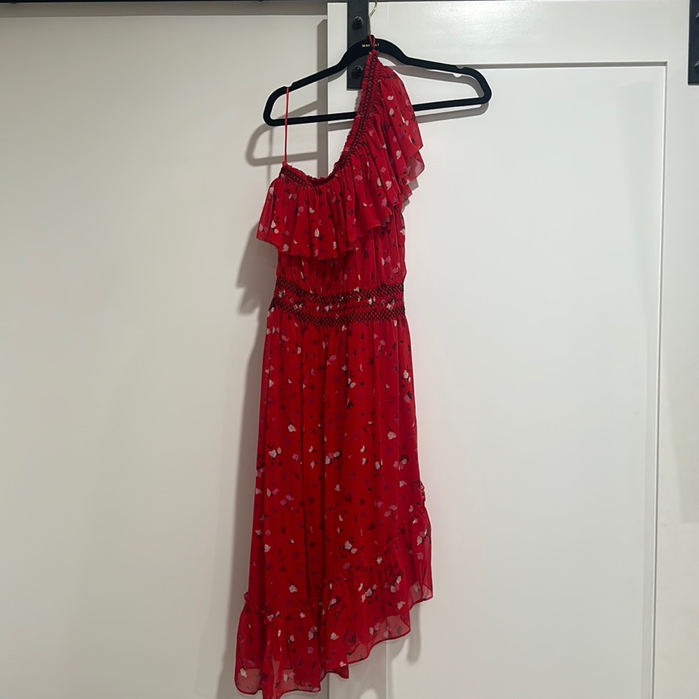 Joie red ruffle trim one shoulder dress